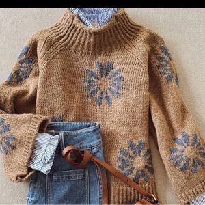 Floral Patterned Tan and Blue Sweater